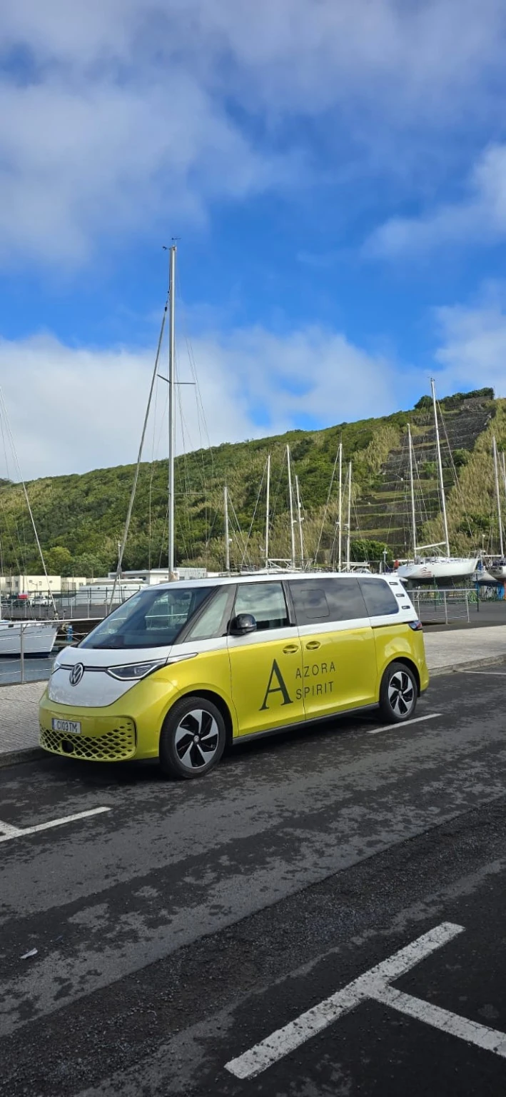 Vista lateral da Volkswagen ID. Buzz com a personalização atual Azora Spirit em amarelo e verde
